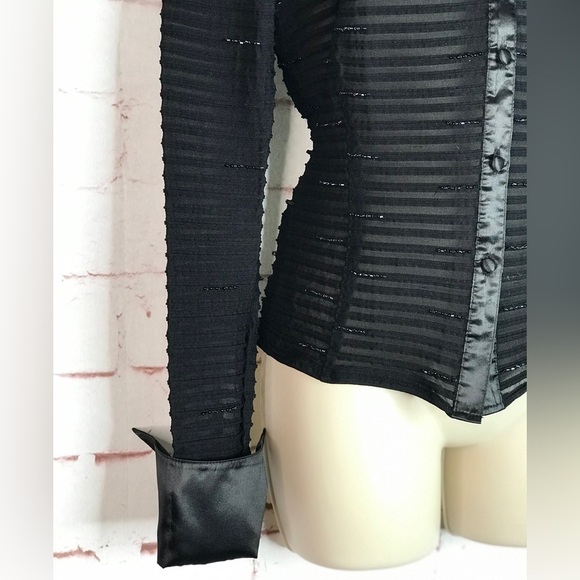 JS COLLECTIONS Evening Black Semi Sheer Satin French Cuff Beaded Blouse Size 10 - Picture 8 of 15